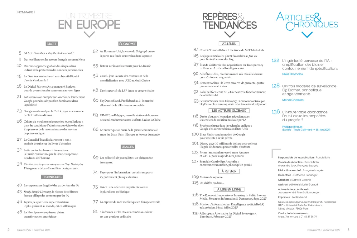 Sommaire en image du numéro 75 de la revue des médias